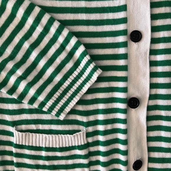 Women’s Green and White Stripe Black Button Vneck Long Cardigan Sweater Small - Picture 3 of 5